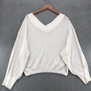 We The Free Sweater Womens Large White VNeck Long Sleeve Waffle Knit Crop Casual